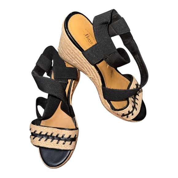 G.H. Bass & Co. Black and Tan Wedges with Crisscross Straps - Picture 1 of 4